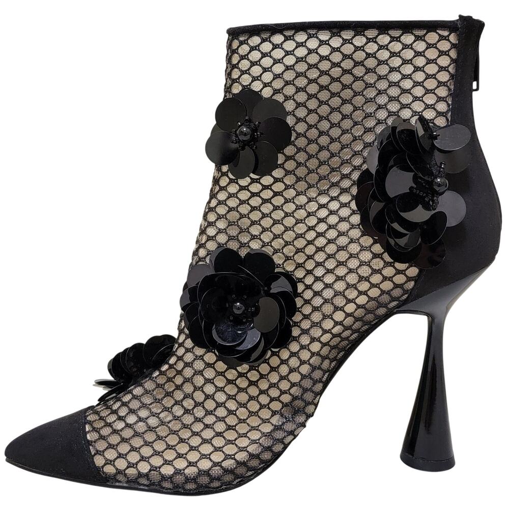 Betsey Johnson Women Pointed Toe Mesh Bootie Navey Size US 7M Black Floral - Picture 3 of 5